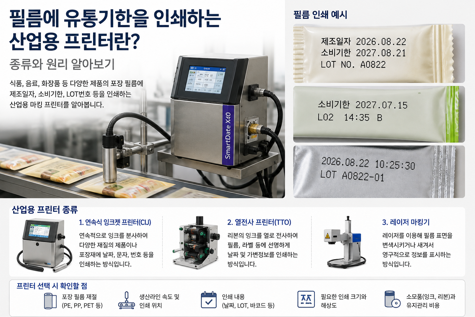 포장 필름에 제조일자와 유통기한을 인쇄하는 산업용 프린터